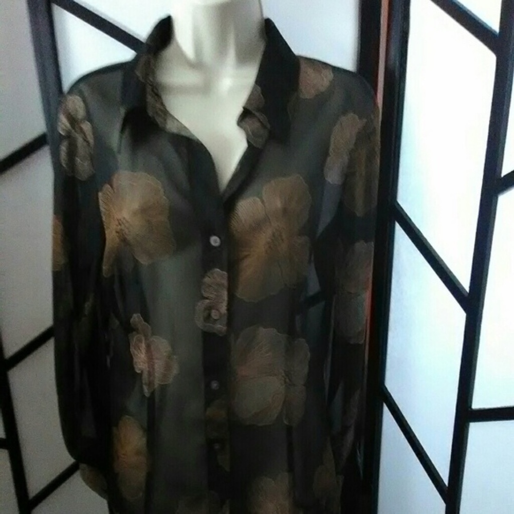 New York & Co Black Brown Floral Sheer Blouse